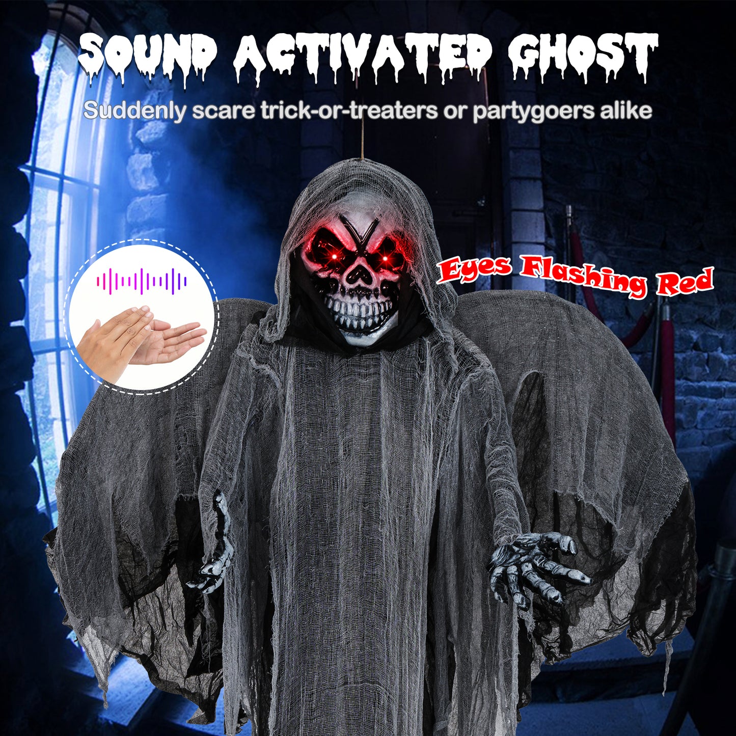 12.1 Ft Skeleton Ghost with Flickering Red Eyes and Scary Sounds