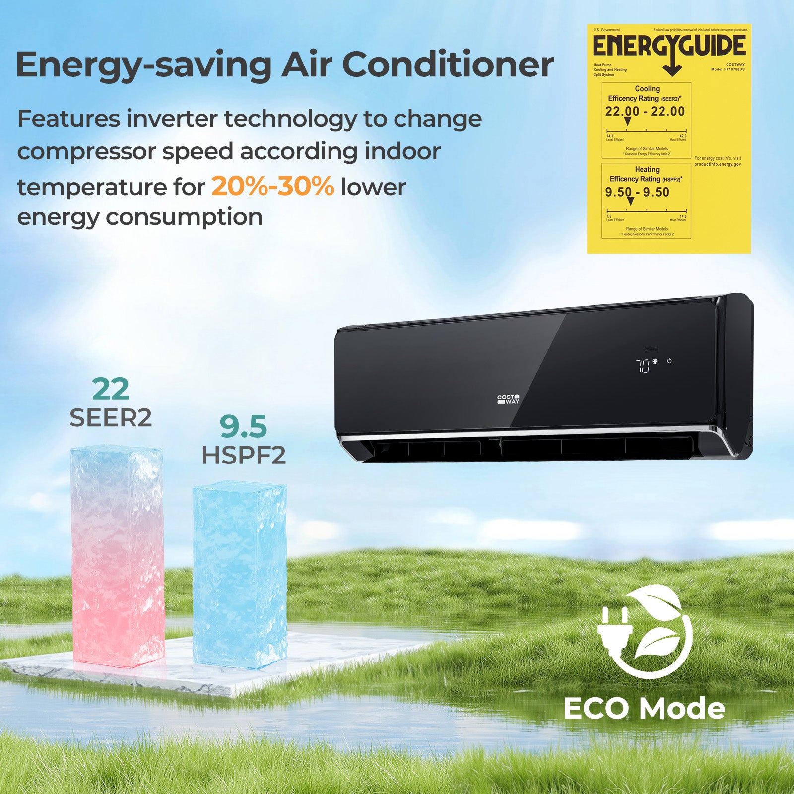 12000 BTU 22 SEER2 208-230V Wifi Enabled Mini Split Air Conditioner and Heater Black