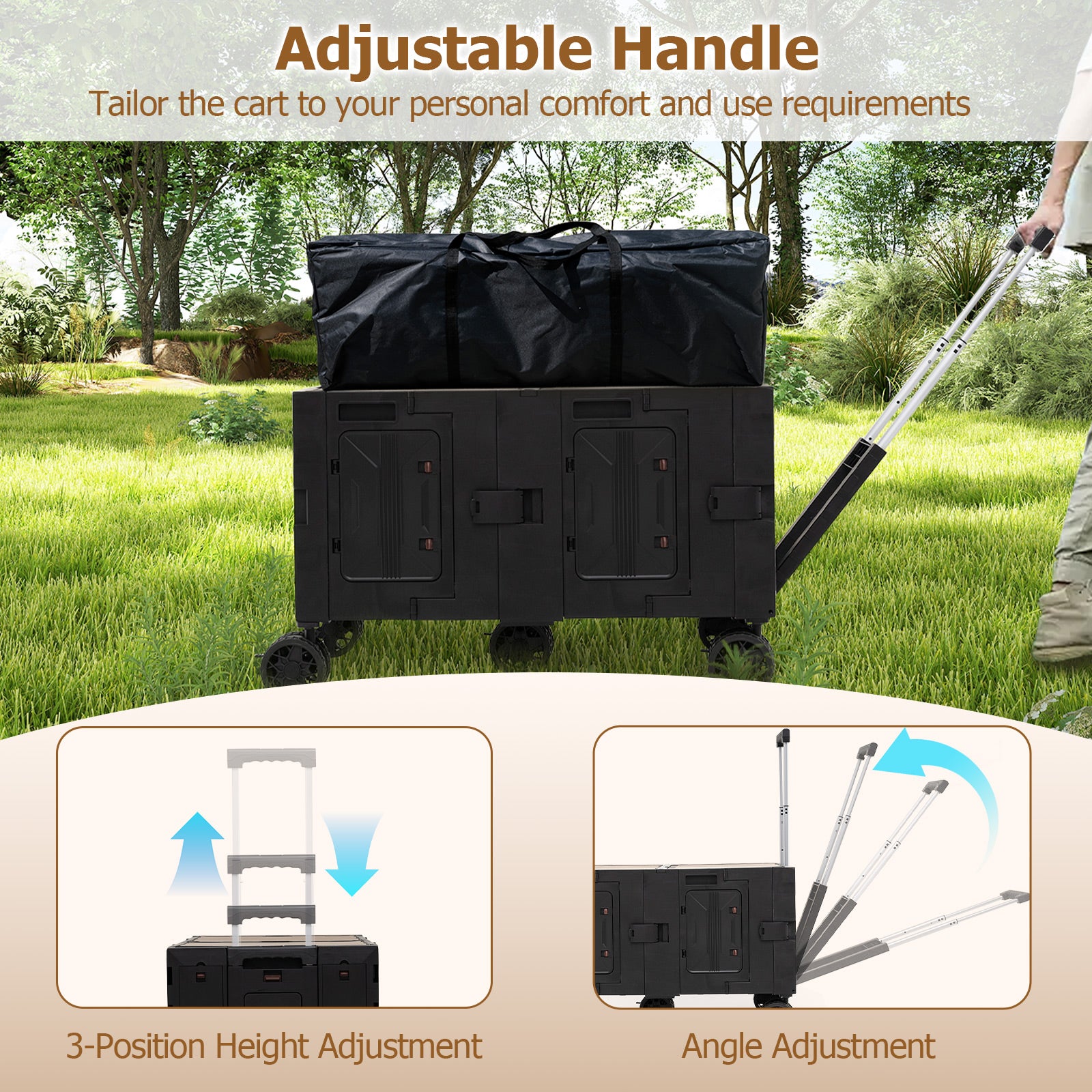Large Foldable Utility Cart with 2-Tier Storage Crates and Telescoping Handle-Black
