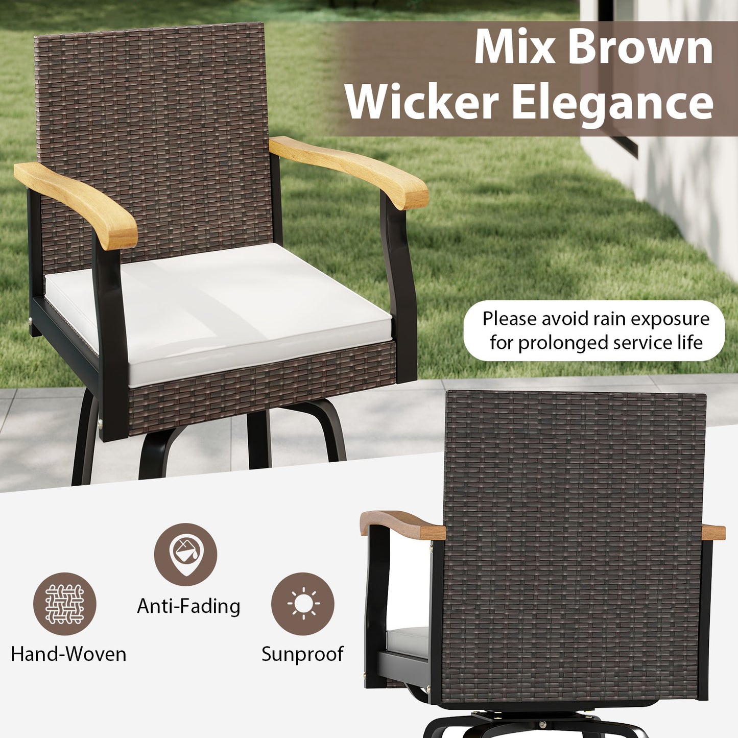 One Outdoor 360¬∞ Swivel Bar Stool with Cushion and Acacia Wood Armrests