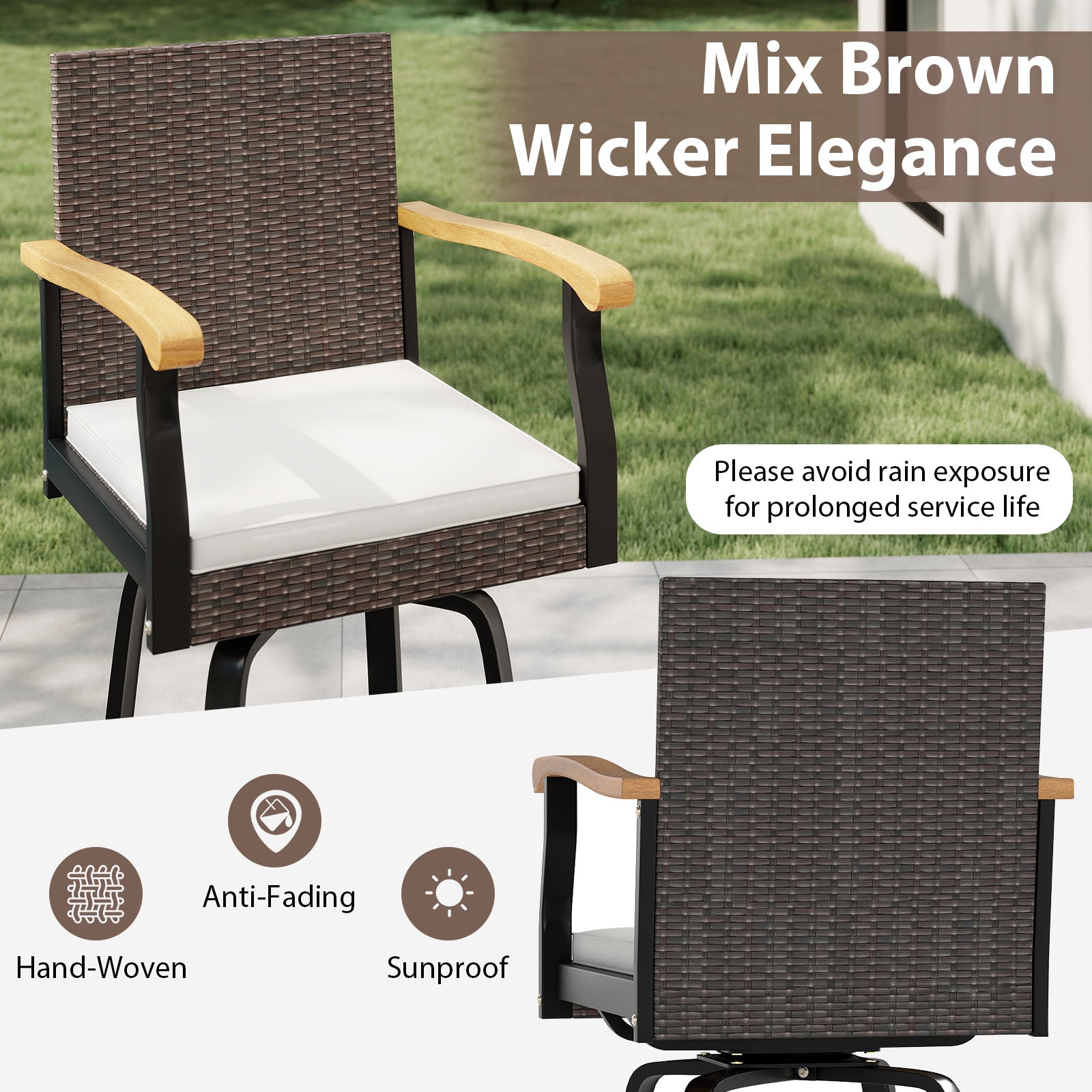 One Outdoor 360¬∞ Swivel Bar Stool with Cushion and Acacia Wood Armrests