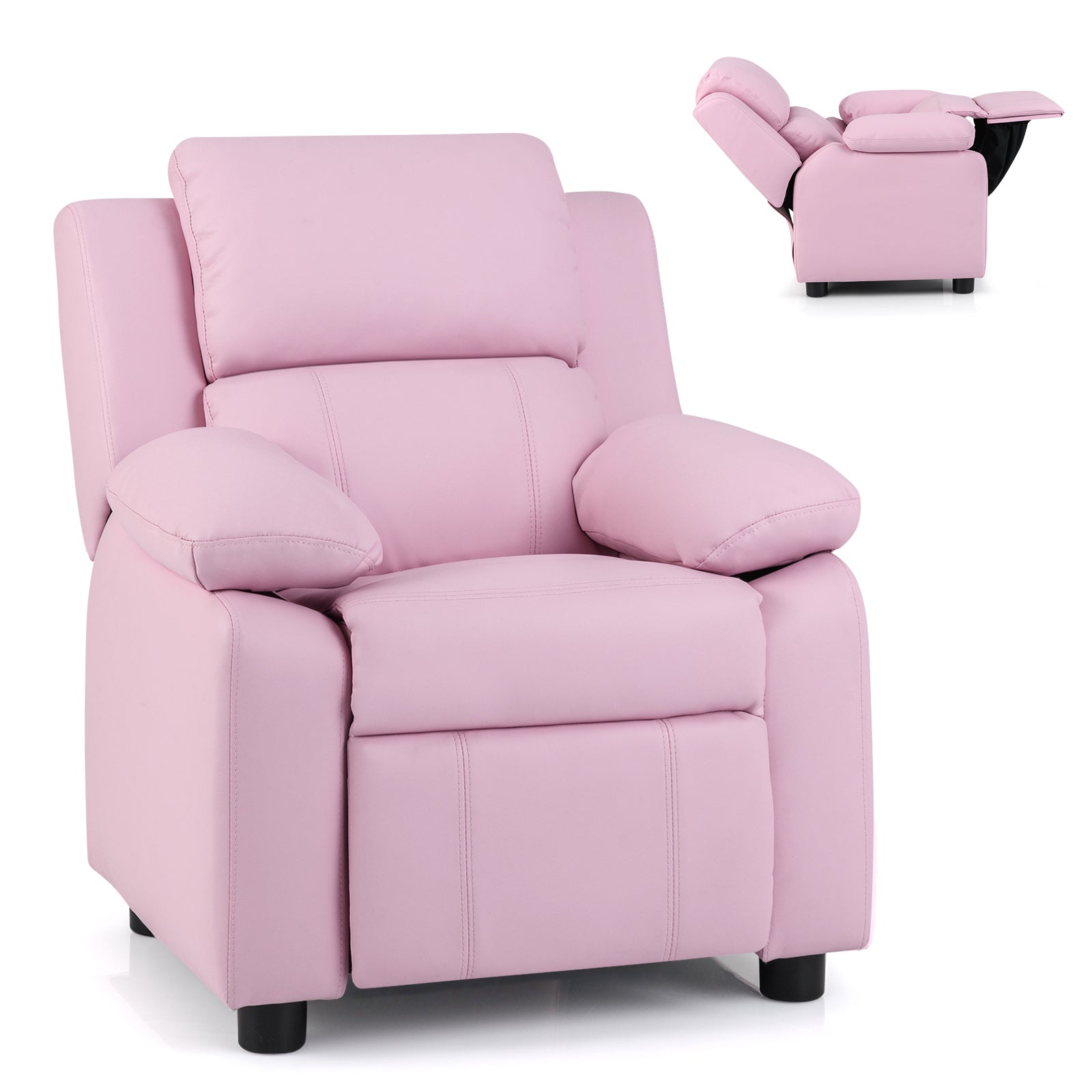 Kids Deluxe Headrest Recliner Sofa Chair with Storage Arms-Black - Pink