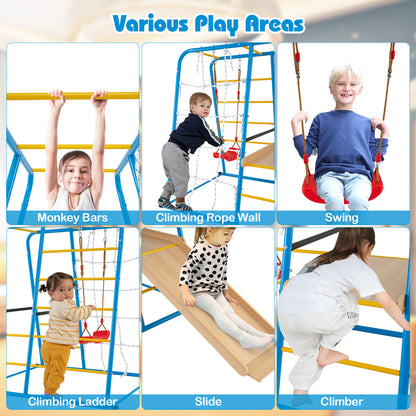 6-in-1 Indoor Jungle Gym with Slide for Boys and Girls 3+ Years Old-Blue