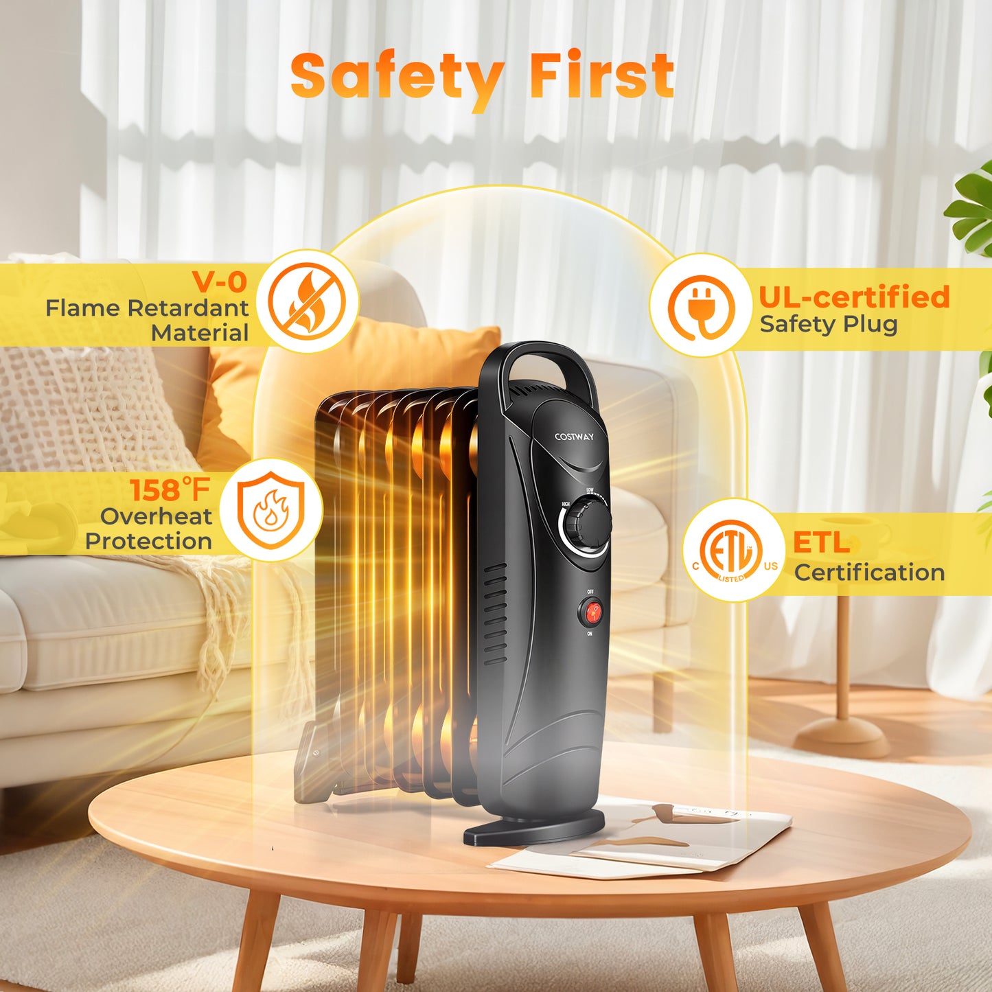 700W Electric Oil Filled Radiator Heater with Adjustable Thermostat-Black