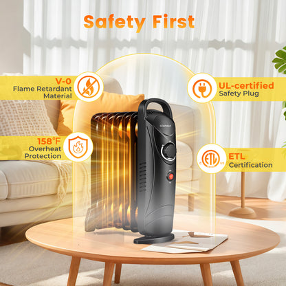 700W Electric Oil Filled Radiator Heater with Adjustable Thermostat-Black