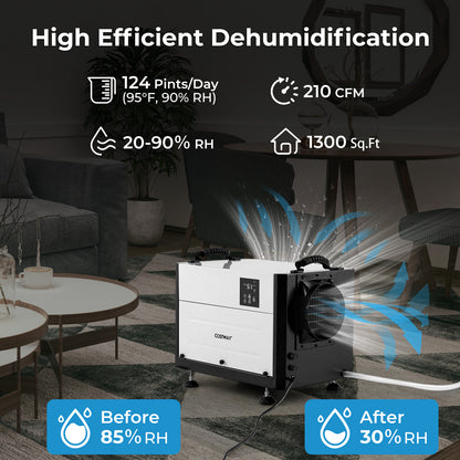 124 Pint Crawl Space Dehumidifier with 3 Modes and 24H Timer-White