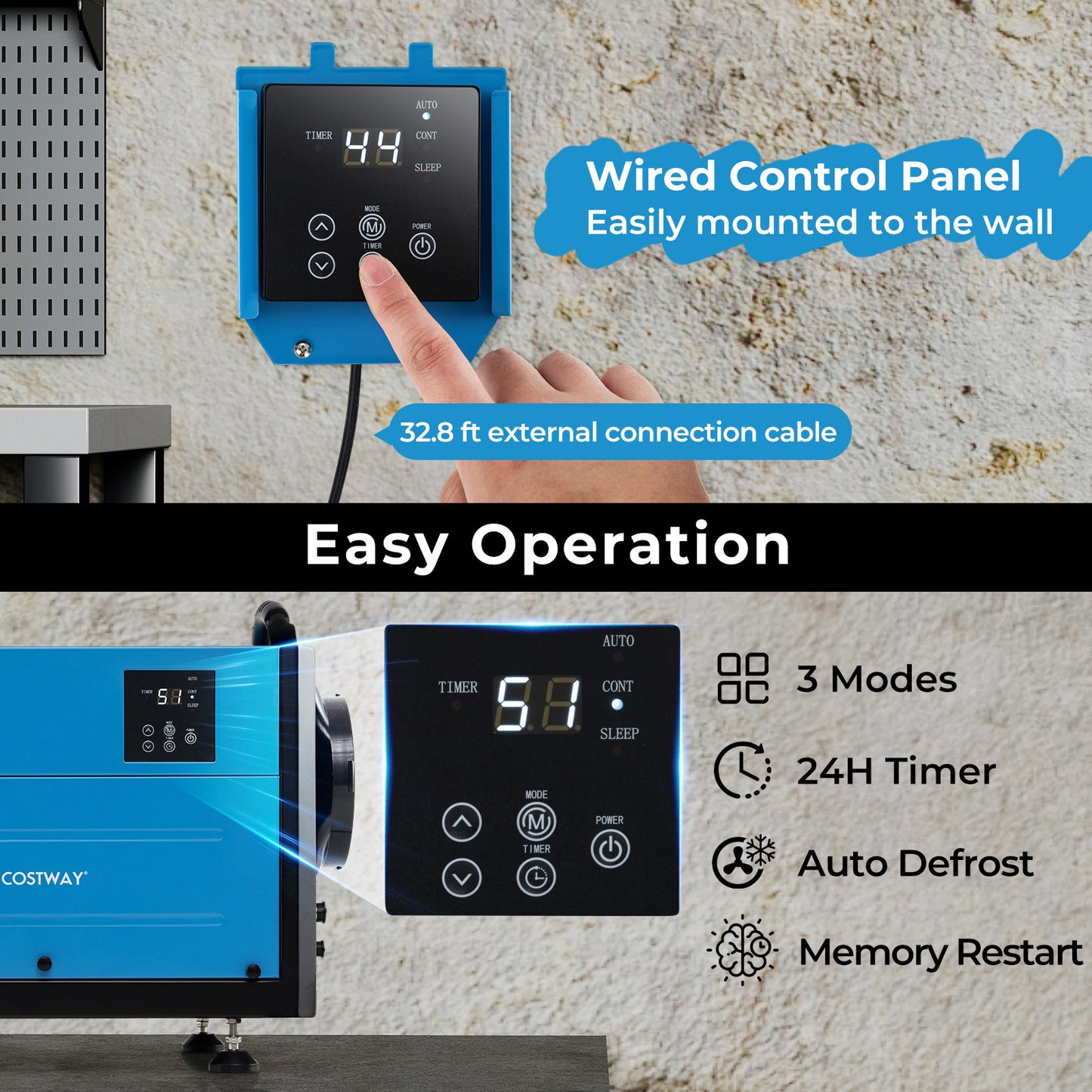 124 Pint Crawl Space Dehumidifier with 3 Modes and 24H Timer-Blue