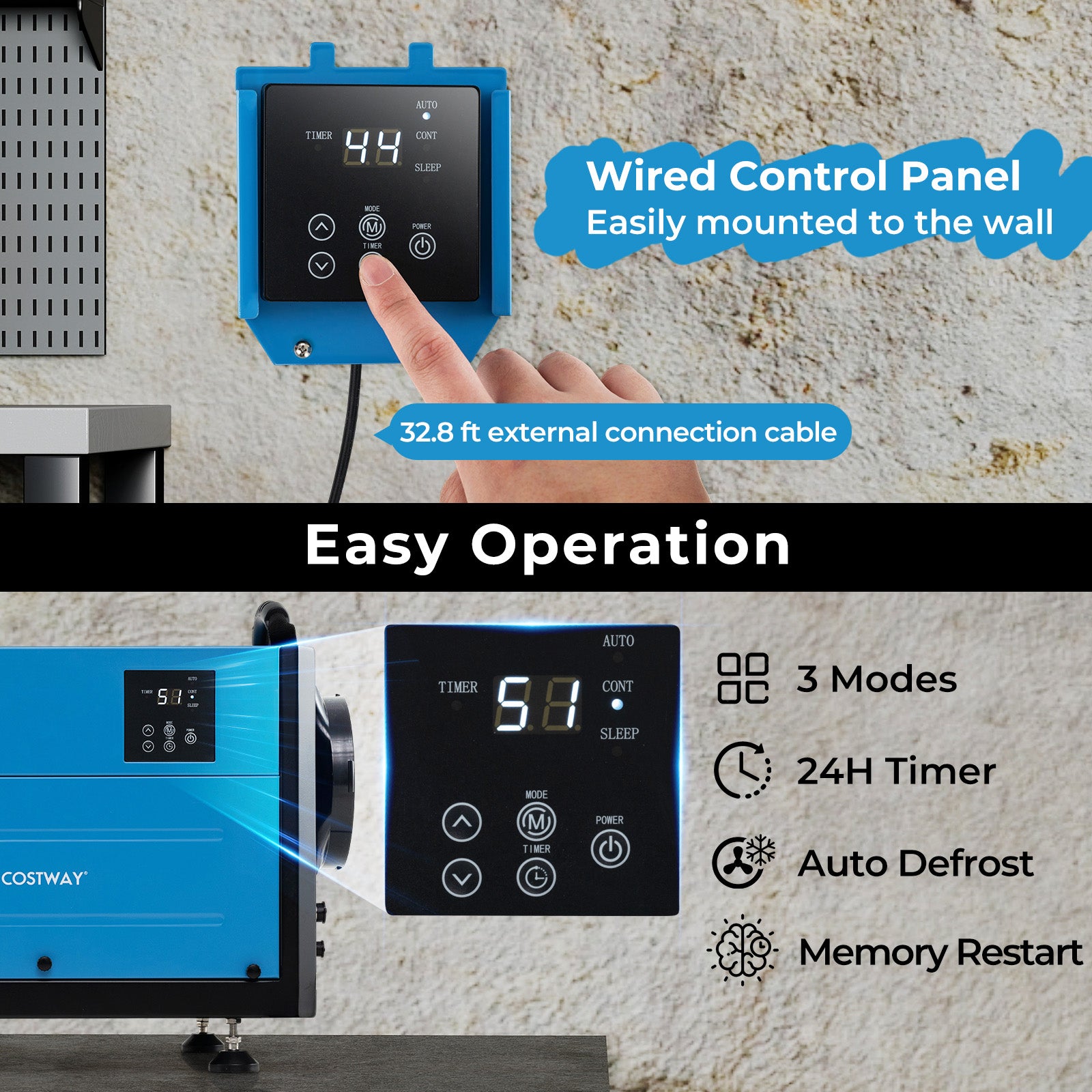 124 Pint Crawl Space Dehumidifier with 3 Modes and 24H Timer-Blue
