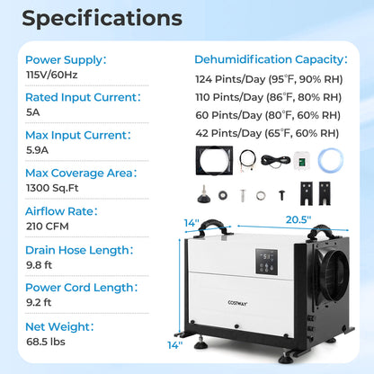 124 Pint Crawl Space Dehumidifier with 3 Modes and 24H Timer-White