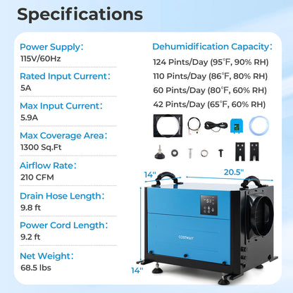 124 Pint Crawl Space Dehumidifier with 3 Modes and 24H Timer-Blue