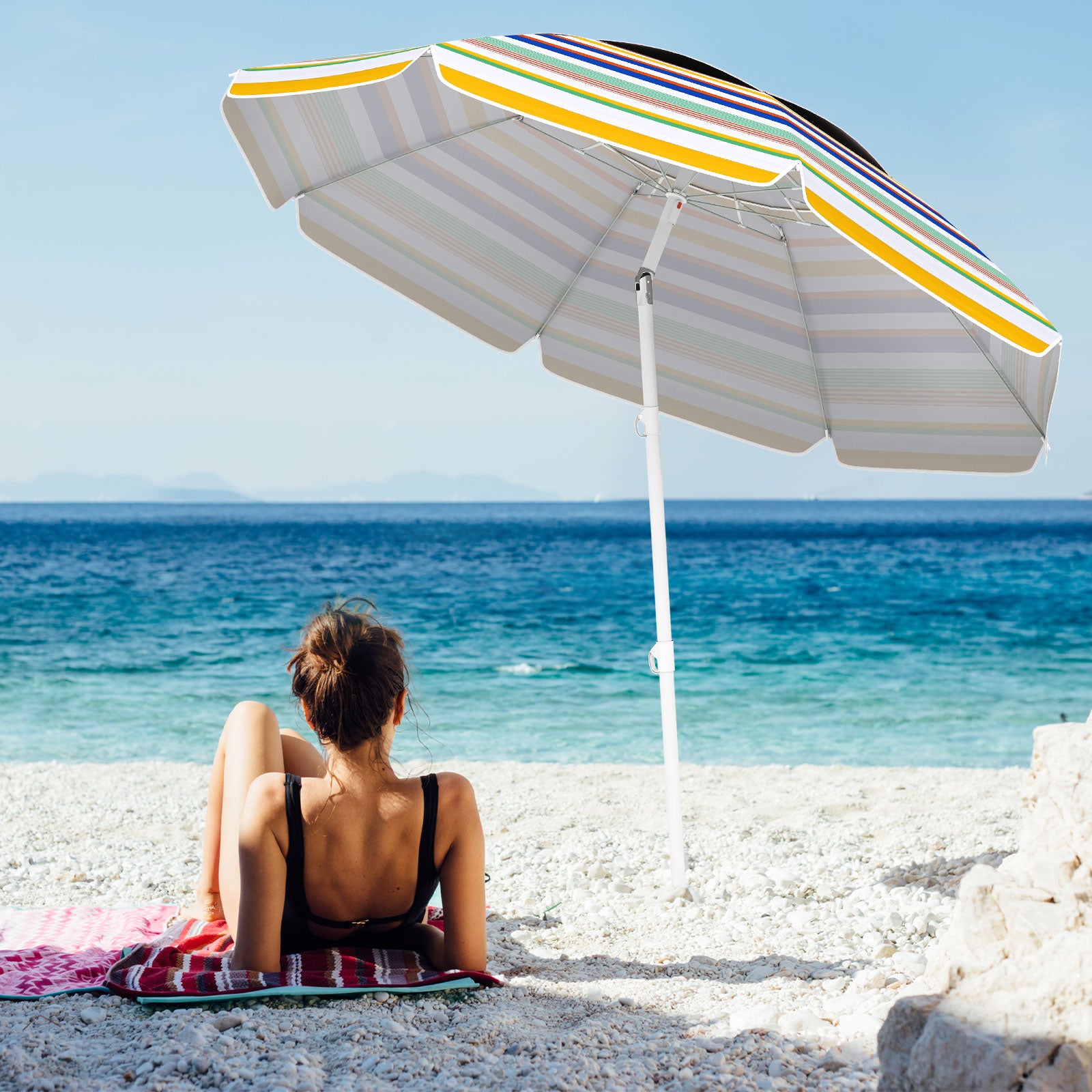 6.5 Feet Beach Umbrella with UPF50+ Sun Protection and Push Button Tilt-Colorful