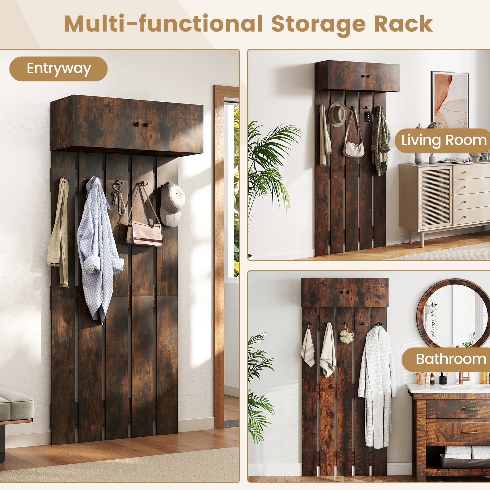 Entryway Wall Coat Rack Wall Mounted Coat Clothes Rack-Rustic Brown