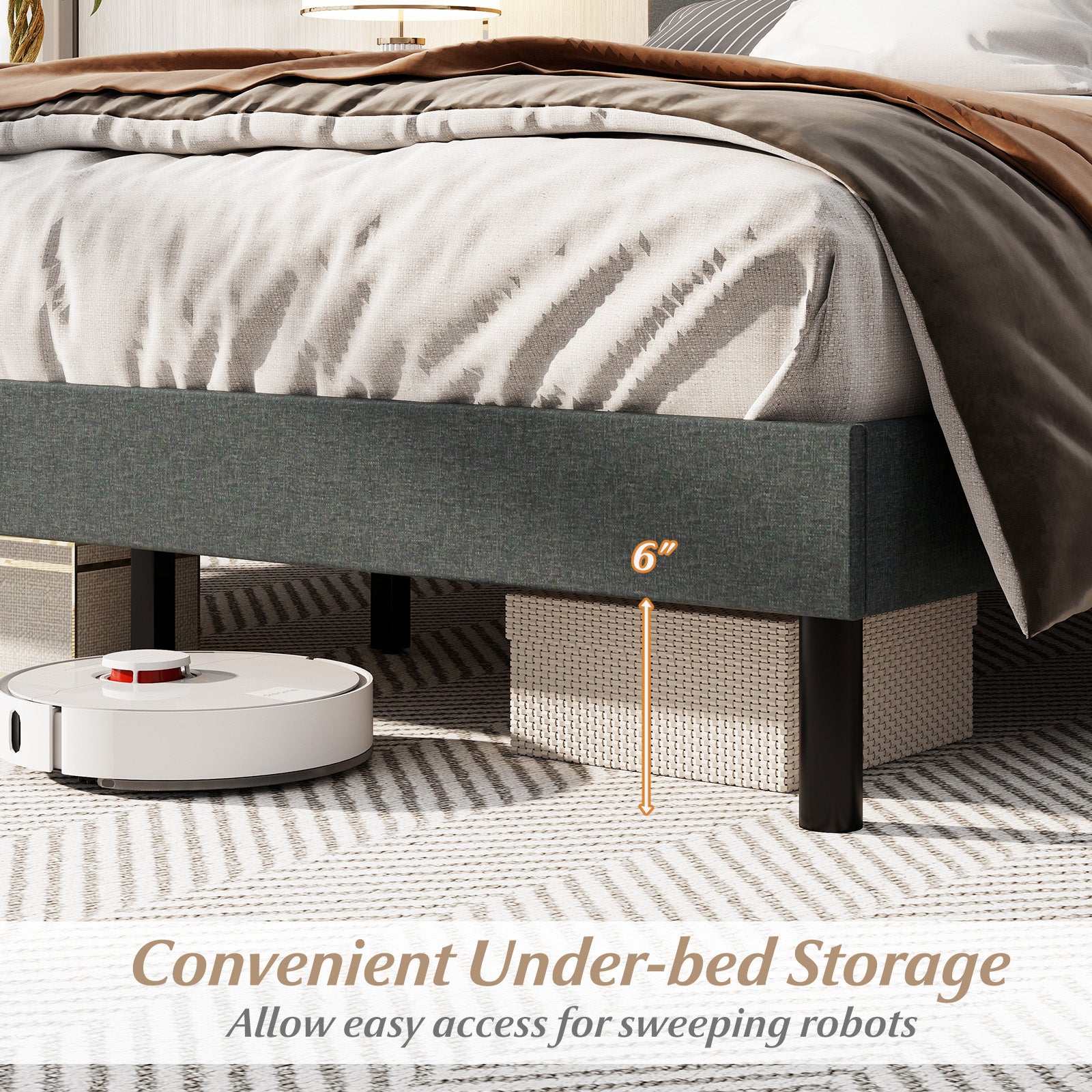 Queen Size Upholstered Bed Frame Linen Platform Bed-Dark Gray