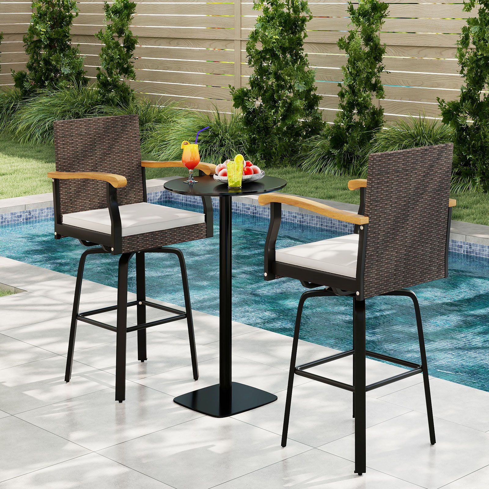 One Outdoor 360¬∞ Swivel Bar Stool with Cushion and Acacia Wood Armrests