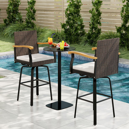 One Outdoor 360¬∞ Swivel Bar Stool with Cushion and Acacia Wood Armrests