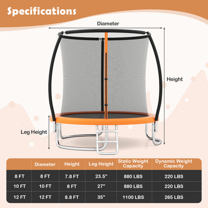 12FT Outdoor Trampoline Heavy-Duty Recreational Trampoline with Safety Enclosure Net-Orange