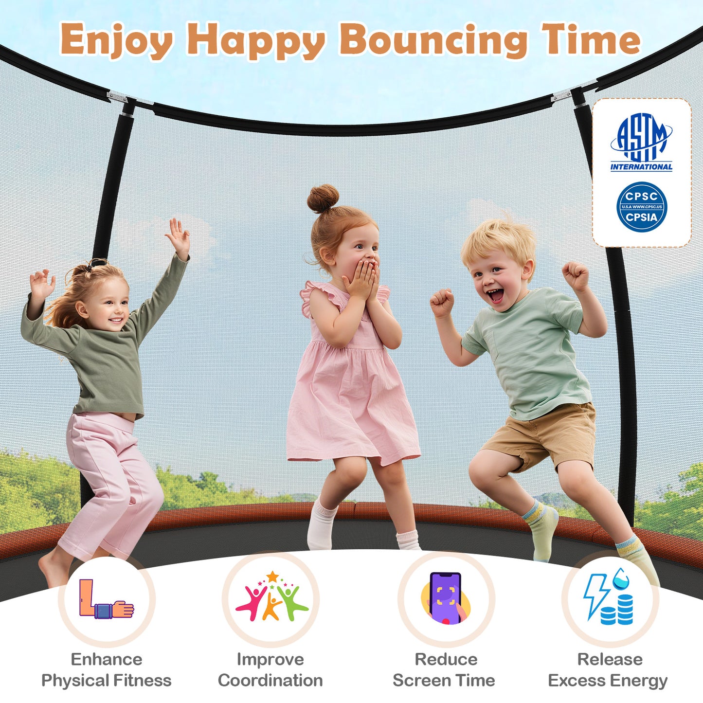 12FT Outdoor Trampoline Heavy-Duty Recreational Trampoline with Safety Enclosure Net-Orange