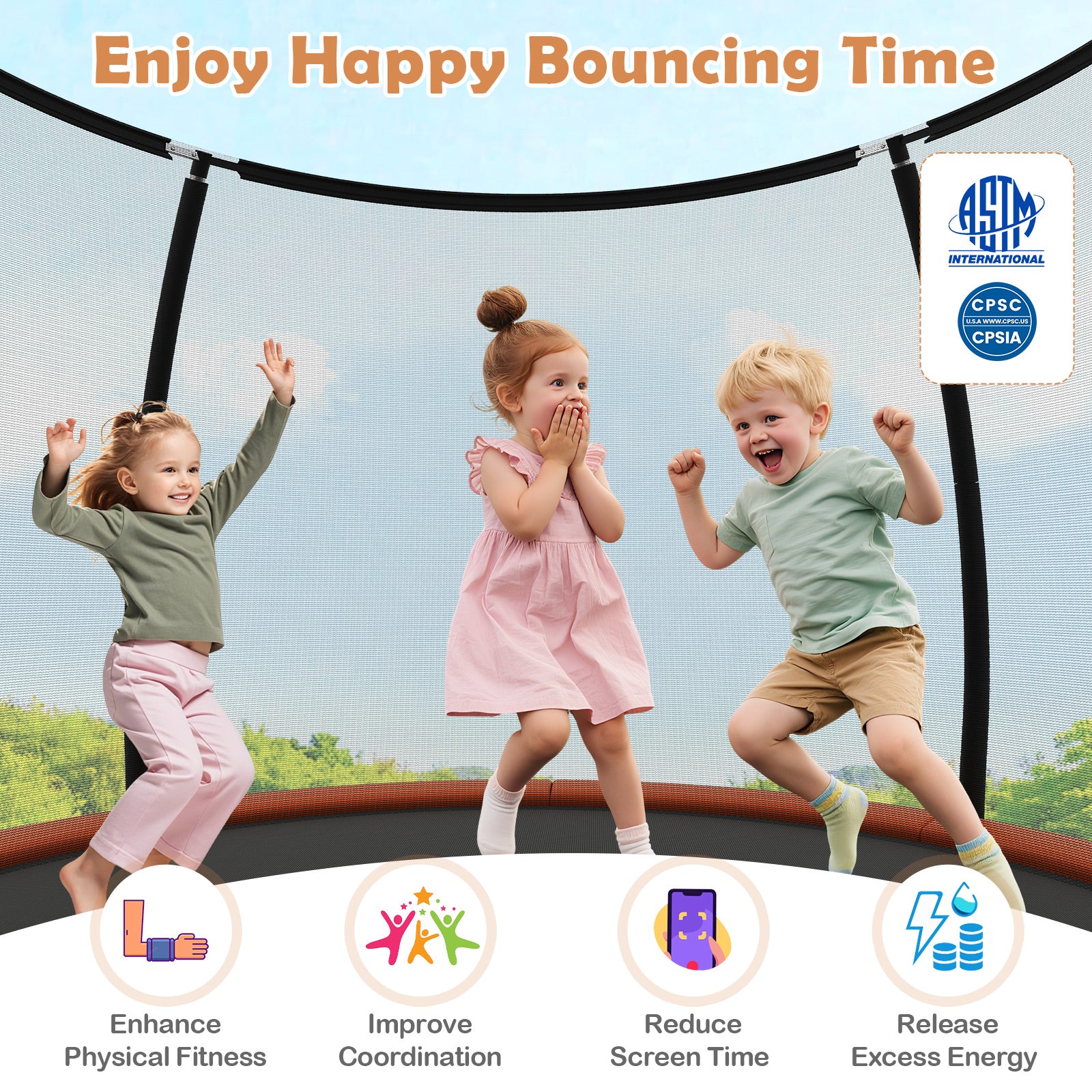 12FT Outdoor Trampoline Heavy-Duty Recreational Trampoline with Safety Enclosure Net-Orange
