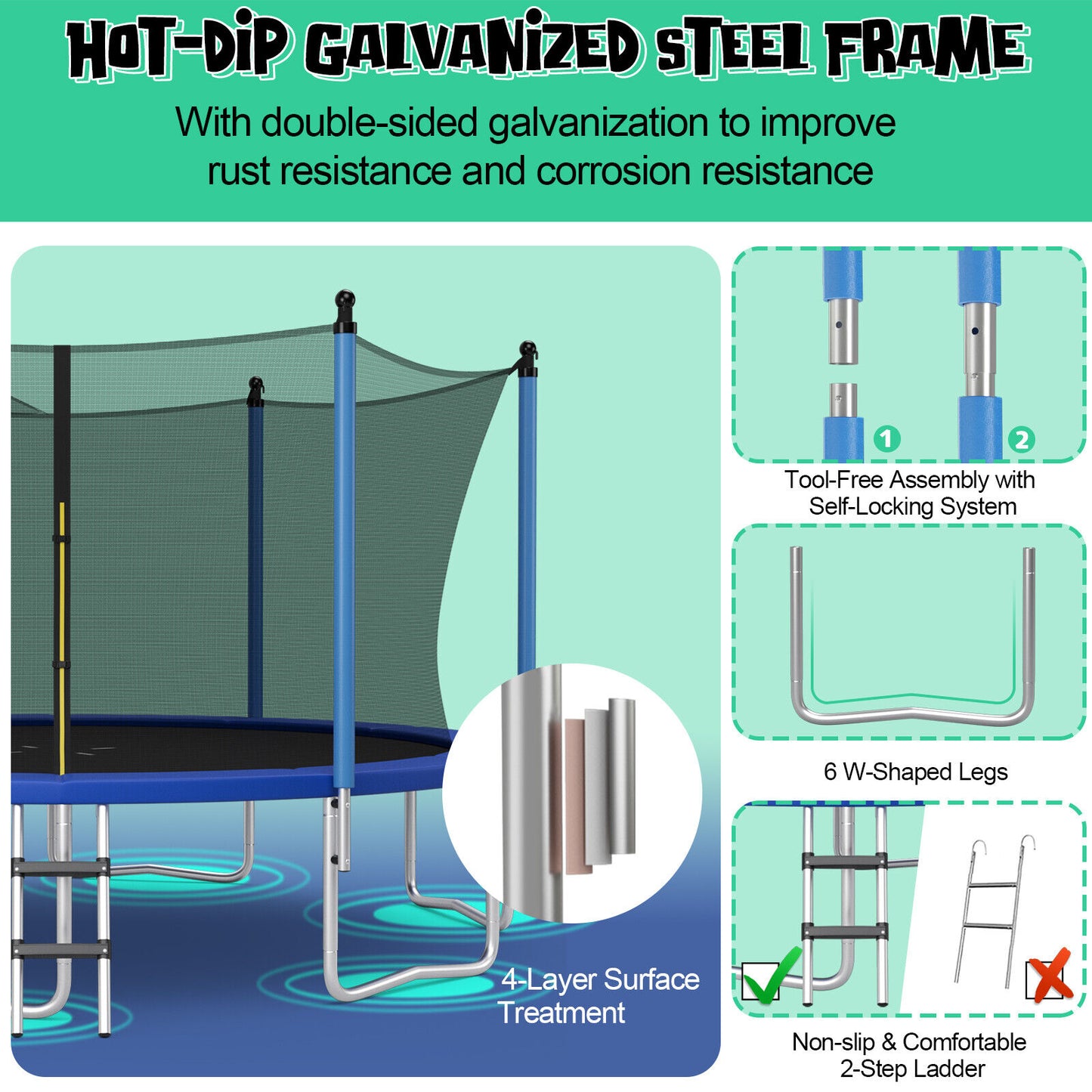 Outdoor Recreational Trampoline with Ladder and Enclosure Net
