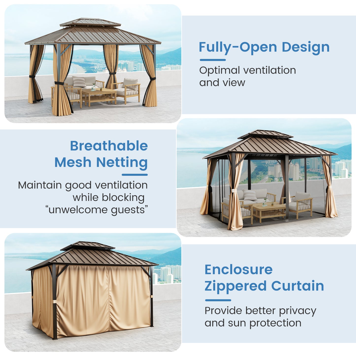 Hardtop Gazebo 10x10 ft with Netting and Curtains