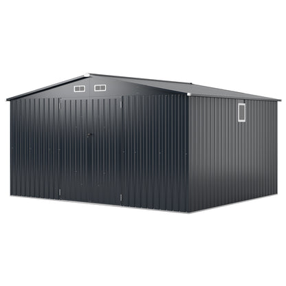 12 x 9.8 Feet Outdoor Storage Shed with Lockable Door and Pitched Roof-Gray