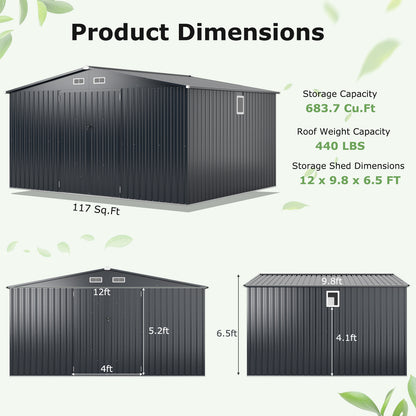 12 x 9.8 Feet Outdoor Storage Shed with Lockable Door and Pitched Roof-Gray