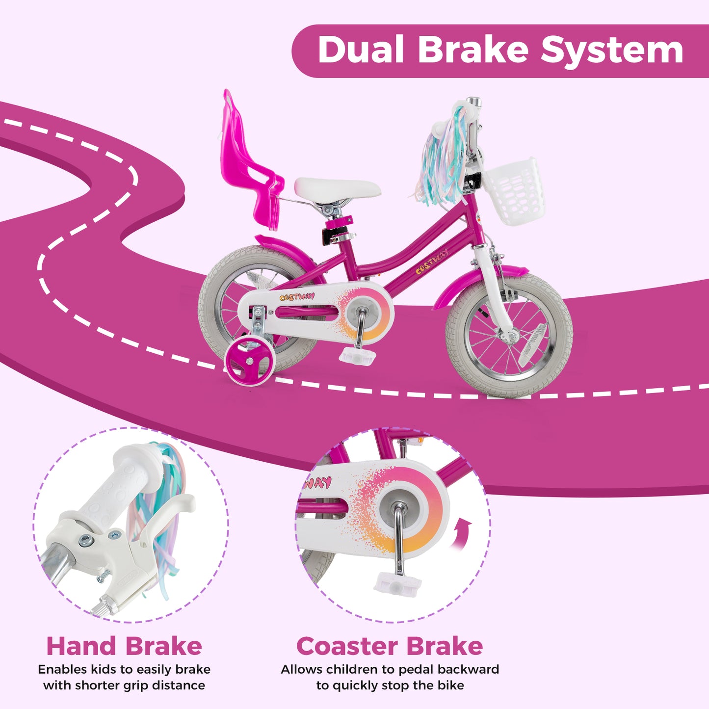 Kids Bike 12 Inch with Training Wheels and 2 Brake System for 3