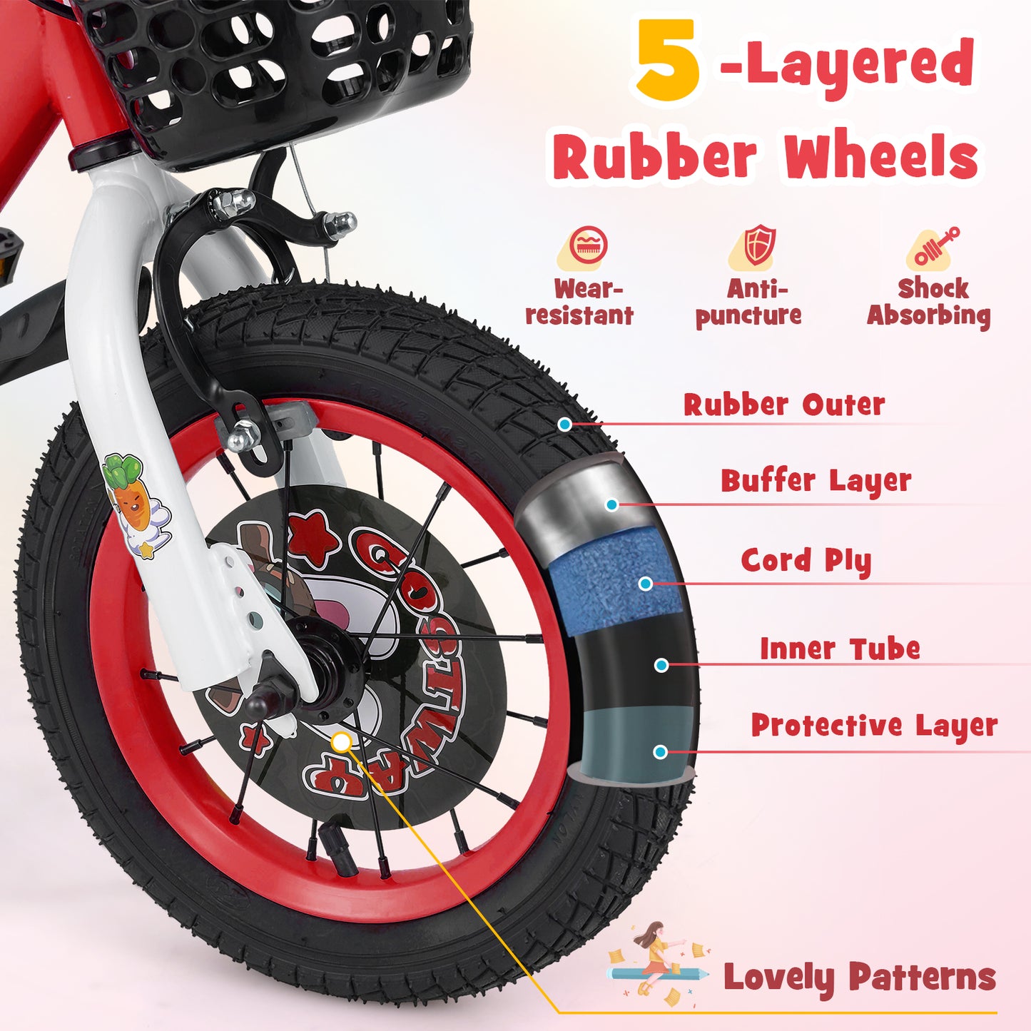 14 Inch Kids Bike Adjustable with Storage Basket and Double Brake for 3-5 Years Old-14 inches