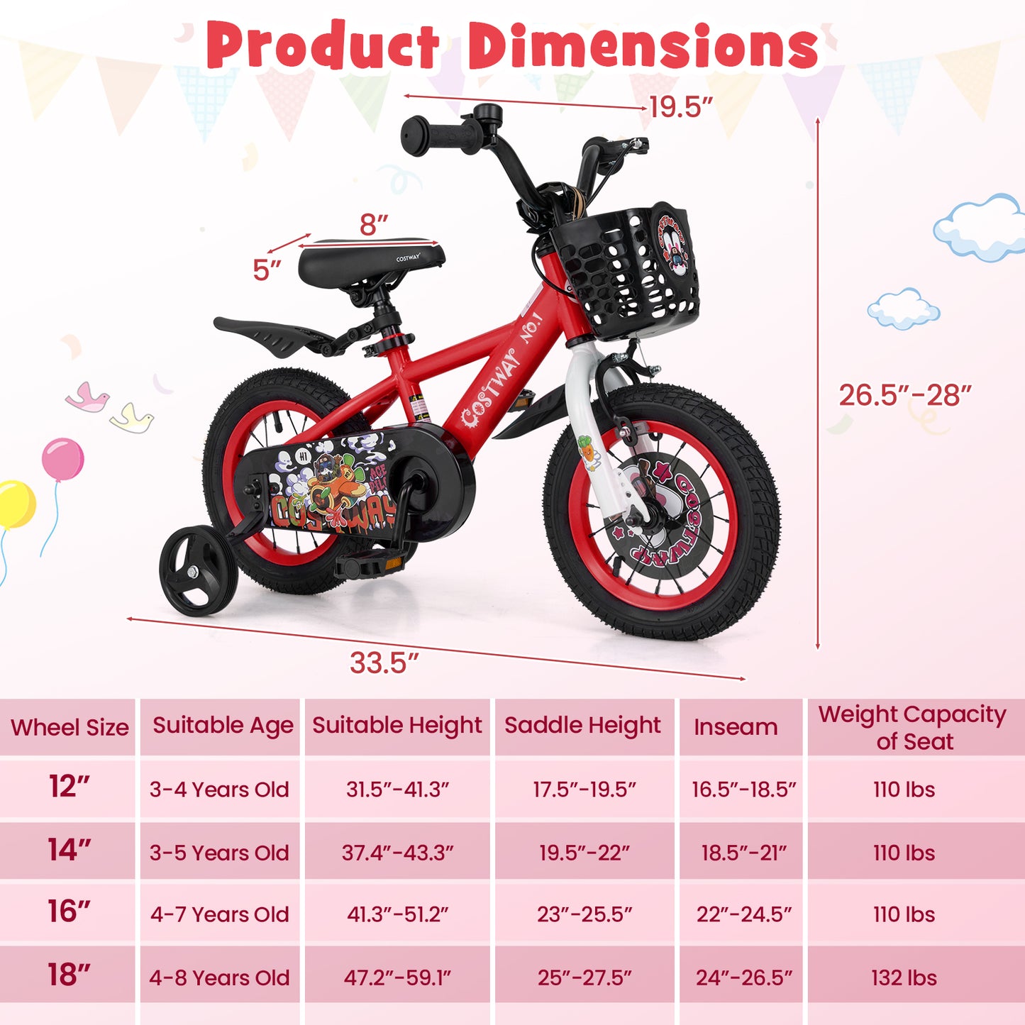 14 Inch Kids Bike Adjustable with Storage Basket and Double Brake for 3-5 Years Old-14 inches