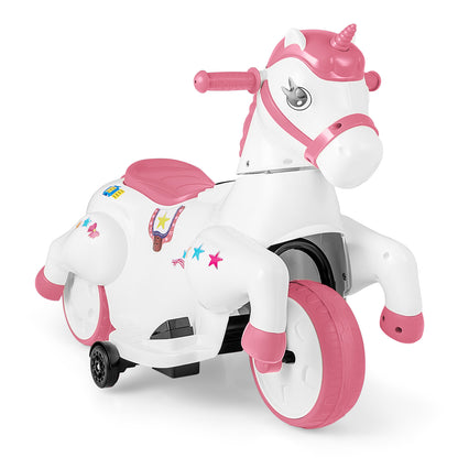 12V Unicorn Ride on Toy with Training Wheels and Horse Riding Mode-Pink - Pink