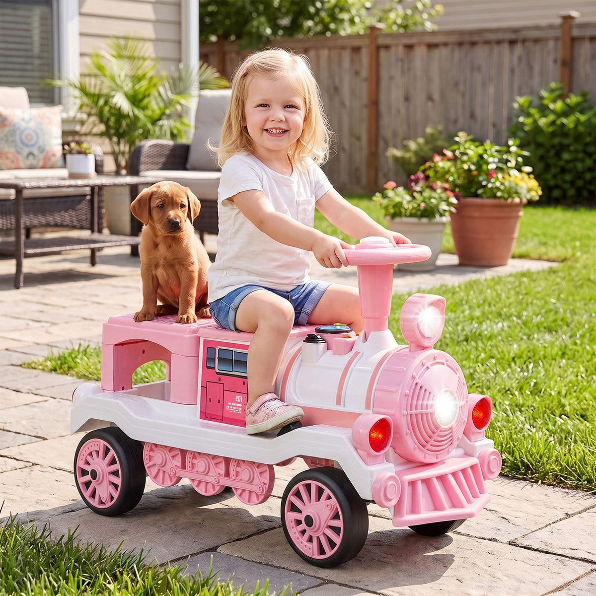 12V 2-Seater Ride on Toy with Train Whistle and Removable Chair-Pink