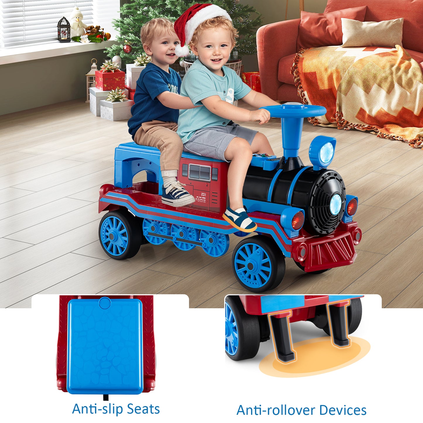 12V 2-Seater Ride on Toy with Train Whistle and Removable Chair