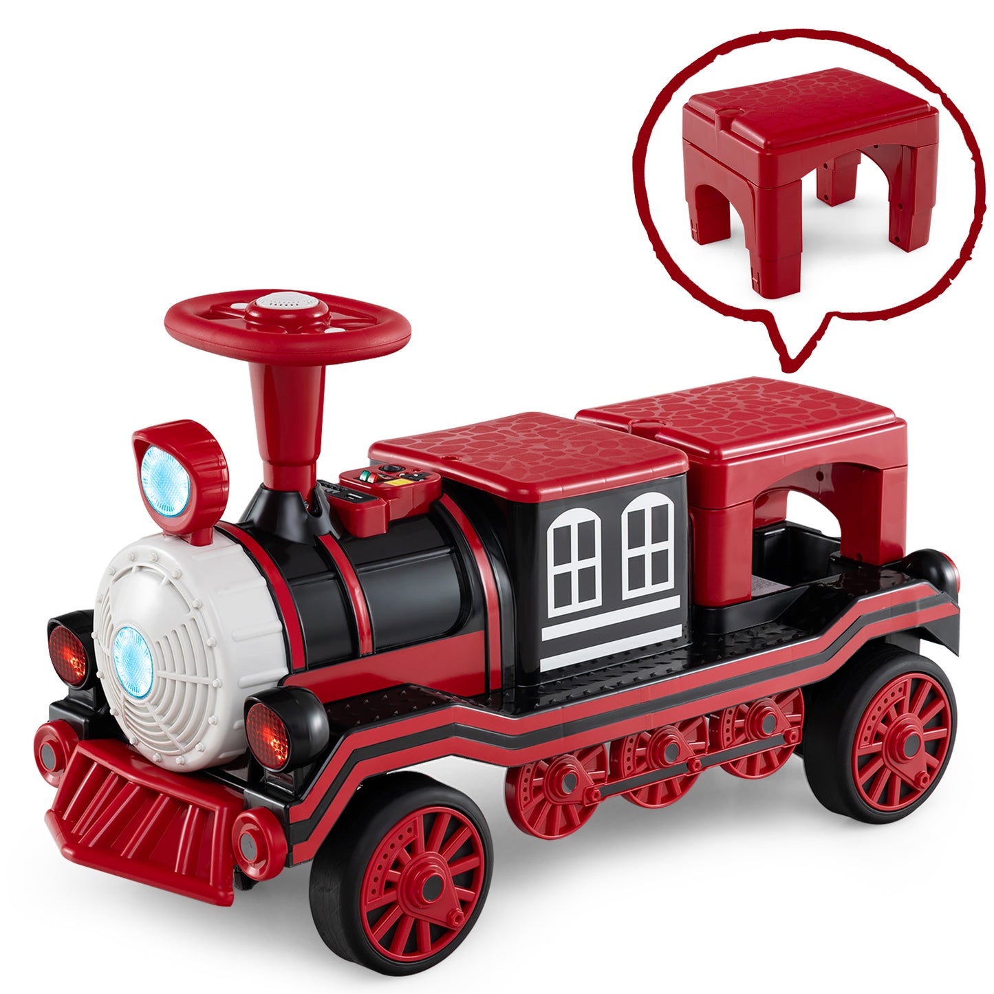 12V 2-Seater Ride on Toy with Train Whistle and Removable Chair-Blue - Red