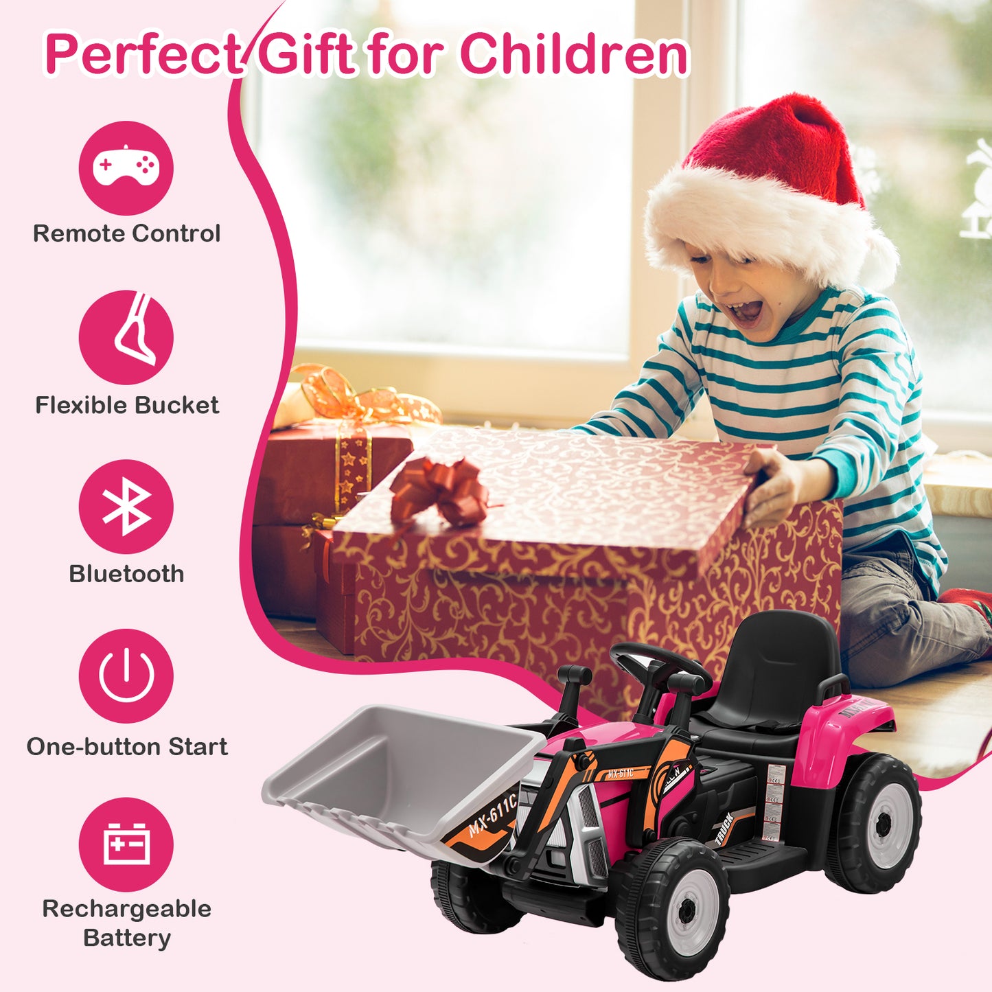 12V Battery Powered Kids Ride on Excavator with Adjustable Arm and Bucket