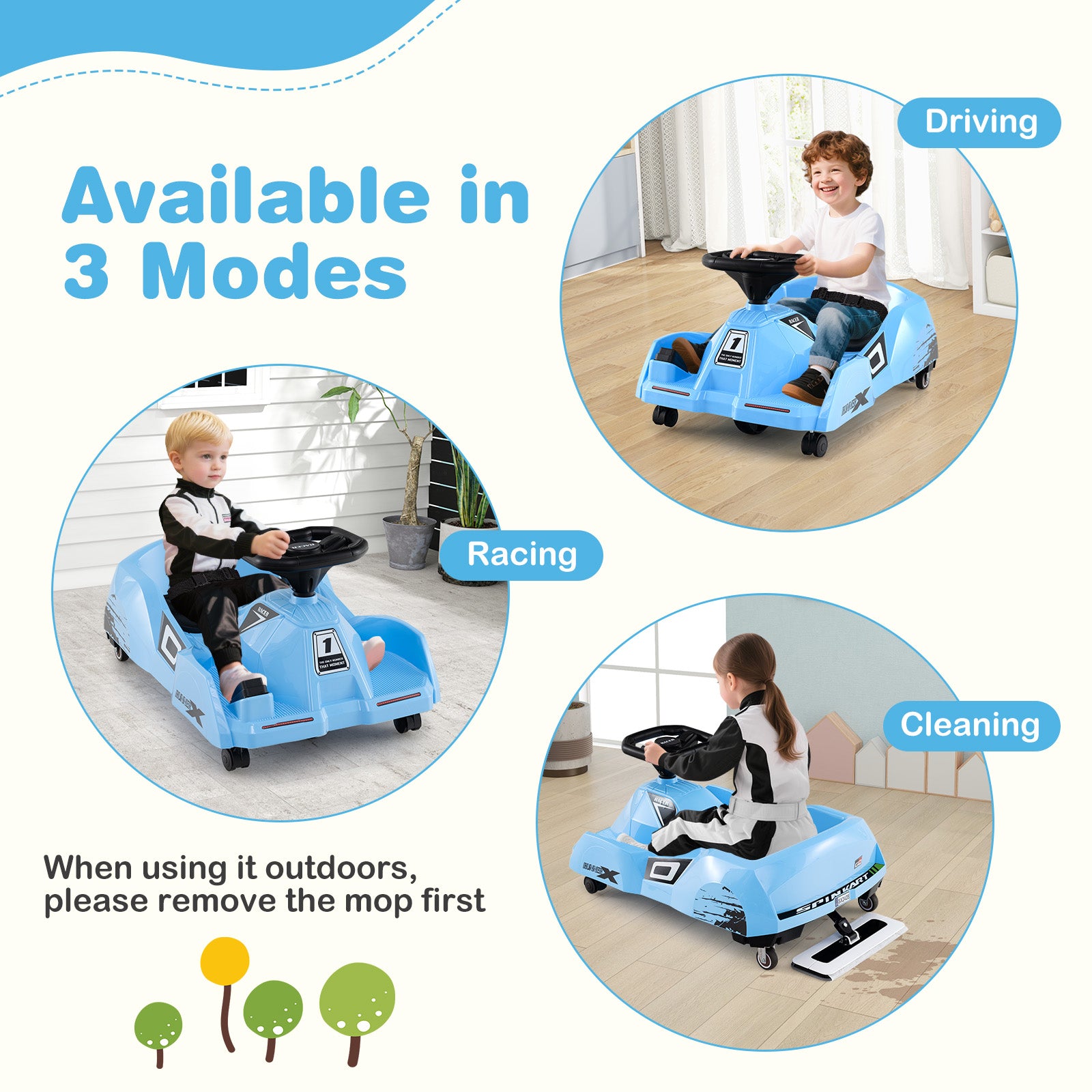12V Electric Cleaning Go Kart with Detachable Mop and Remote Control-Blue