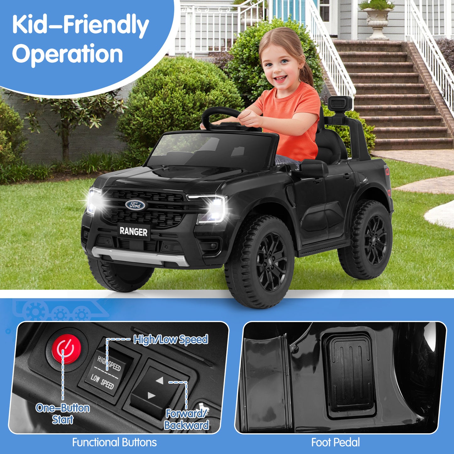 12V Electric Kids Ride on Car Licensed Ford Ranger with Remote Control and Music
