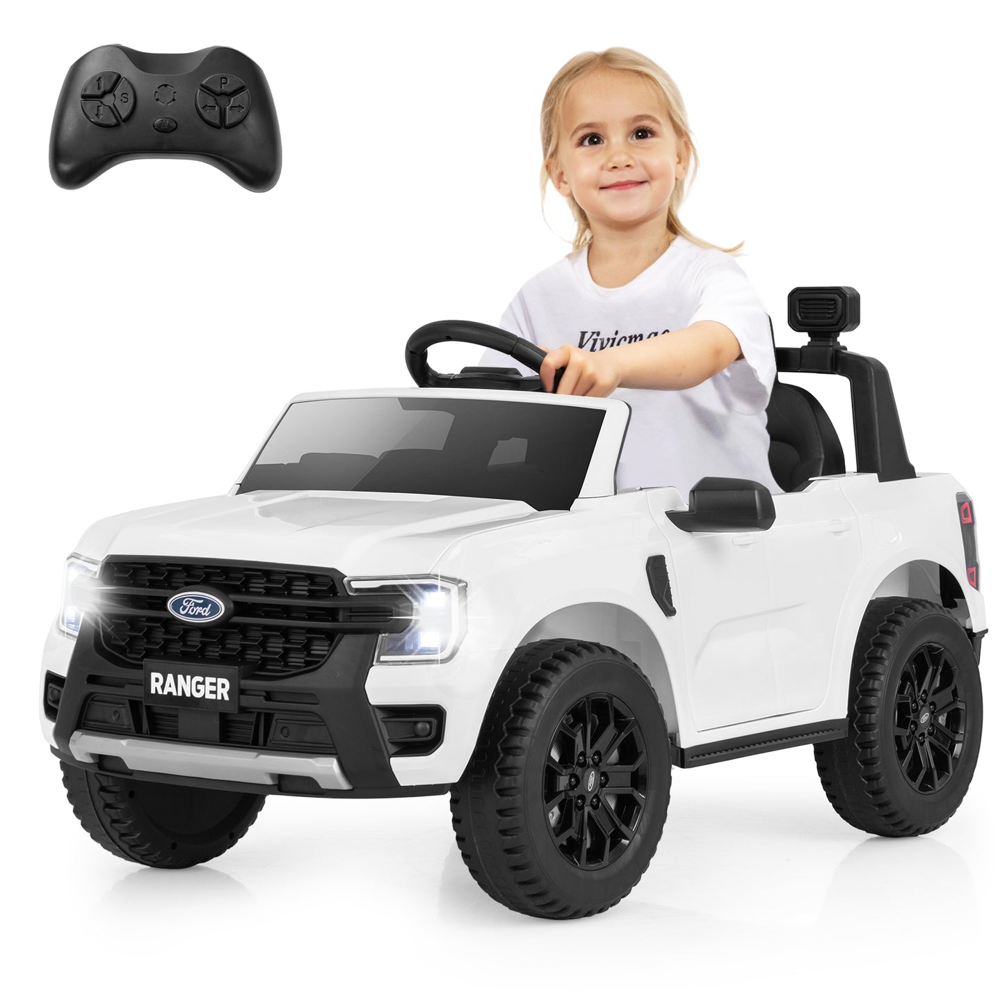 12V Electric Kids Ride on Car Licensed Ford Ranger with Remote Control and Music-Black - White