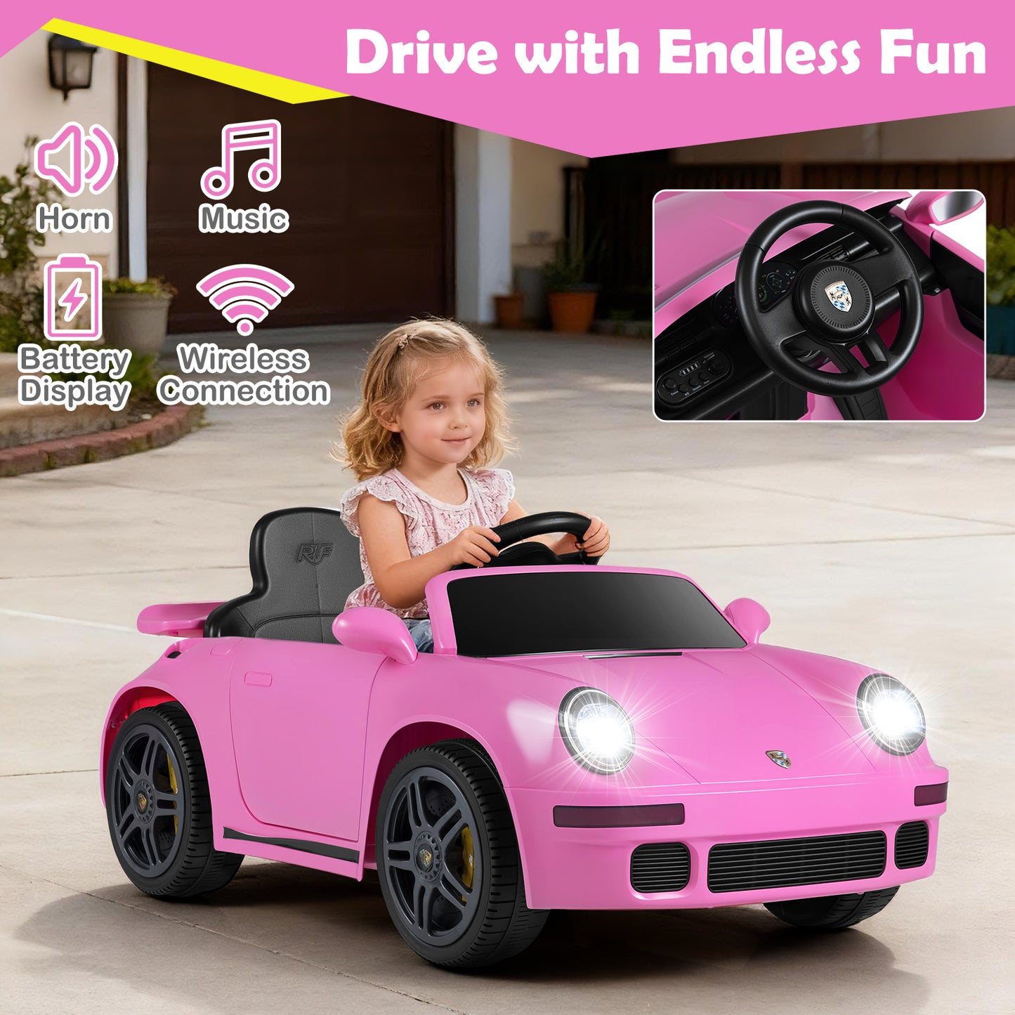 12V Electric Ride On Car Licensed RUF¬†CTR with Remote Control and Music-Pink