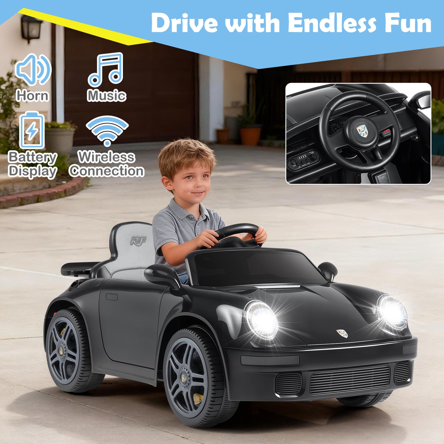 12V Electric Ride On Car Licensed RUF¬†CTR with Remote Control and Music-Black