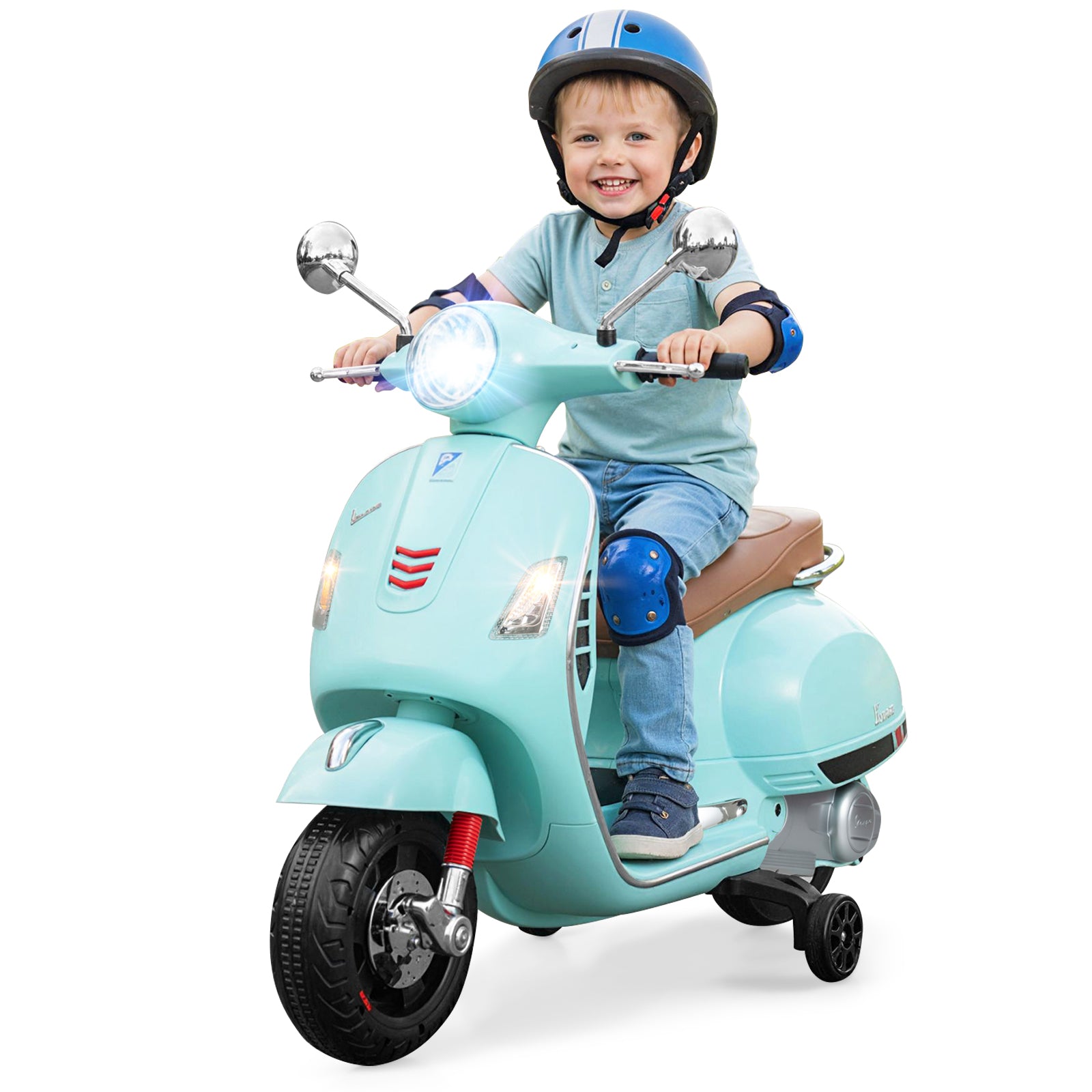 12V Kids Electric Motorcycle Licensed VESPA with Music and Training Wheels-Green