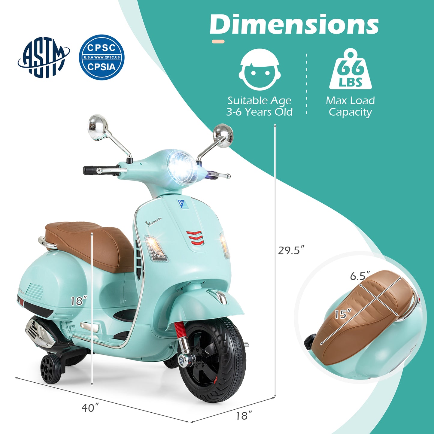 12V Kids Electric Motorcycle Licensed VESPA with Music and Training Wheels-Green