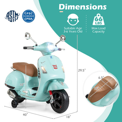 12V Kids Electric Motorcycle Licensed VESPA with Music and Training Wheels-Green