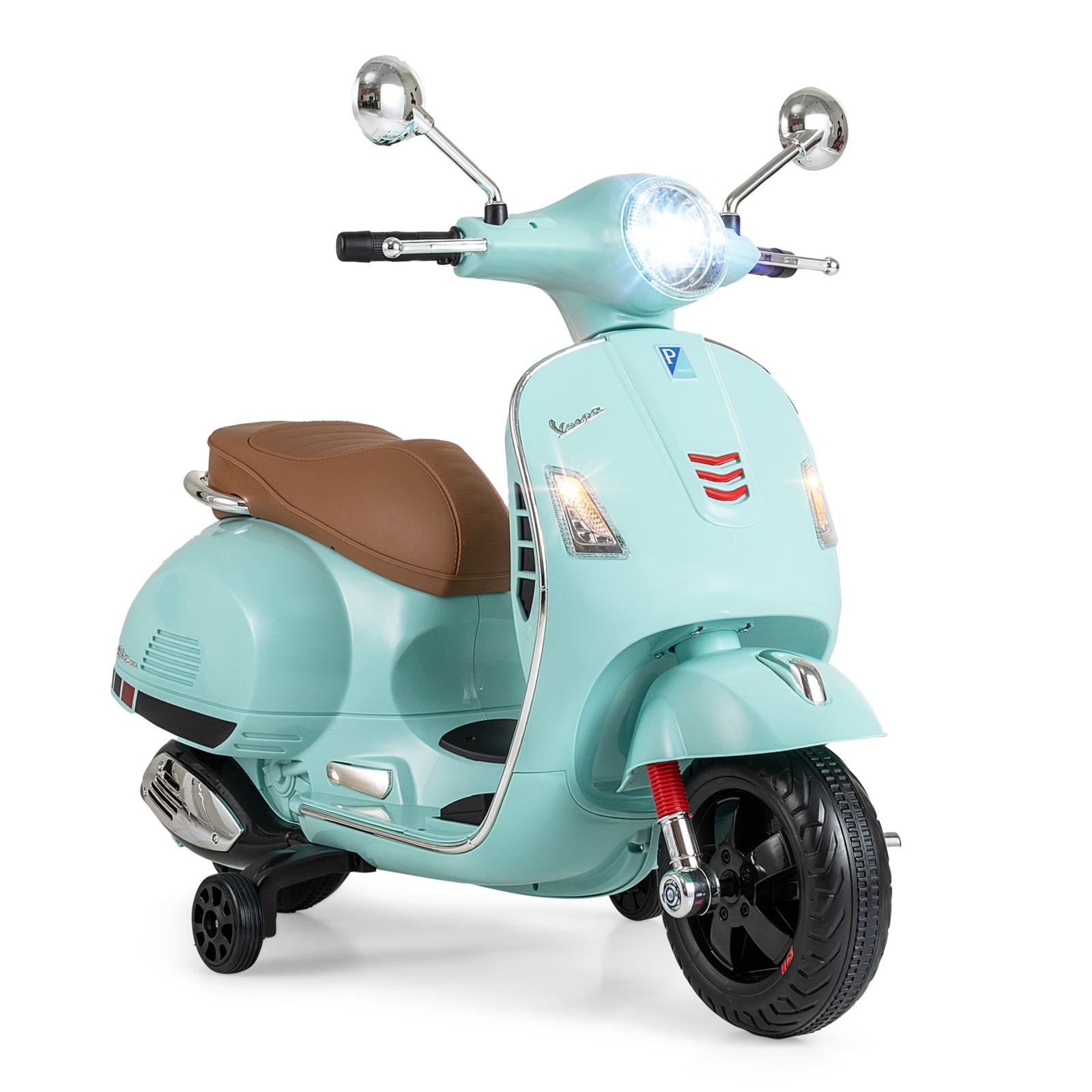 12V Kids Electric Motorcycle Licensed VESPA with Music and Training Wheels-Green
