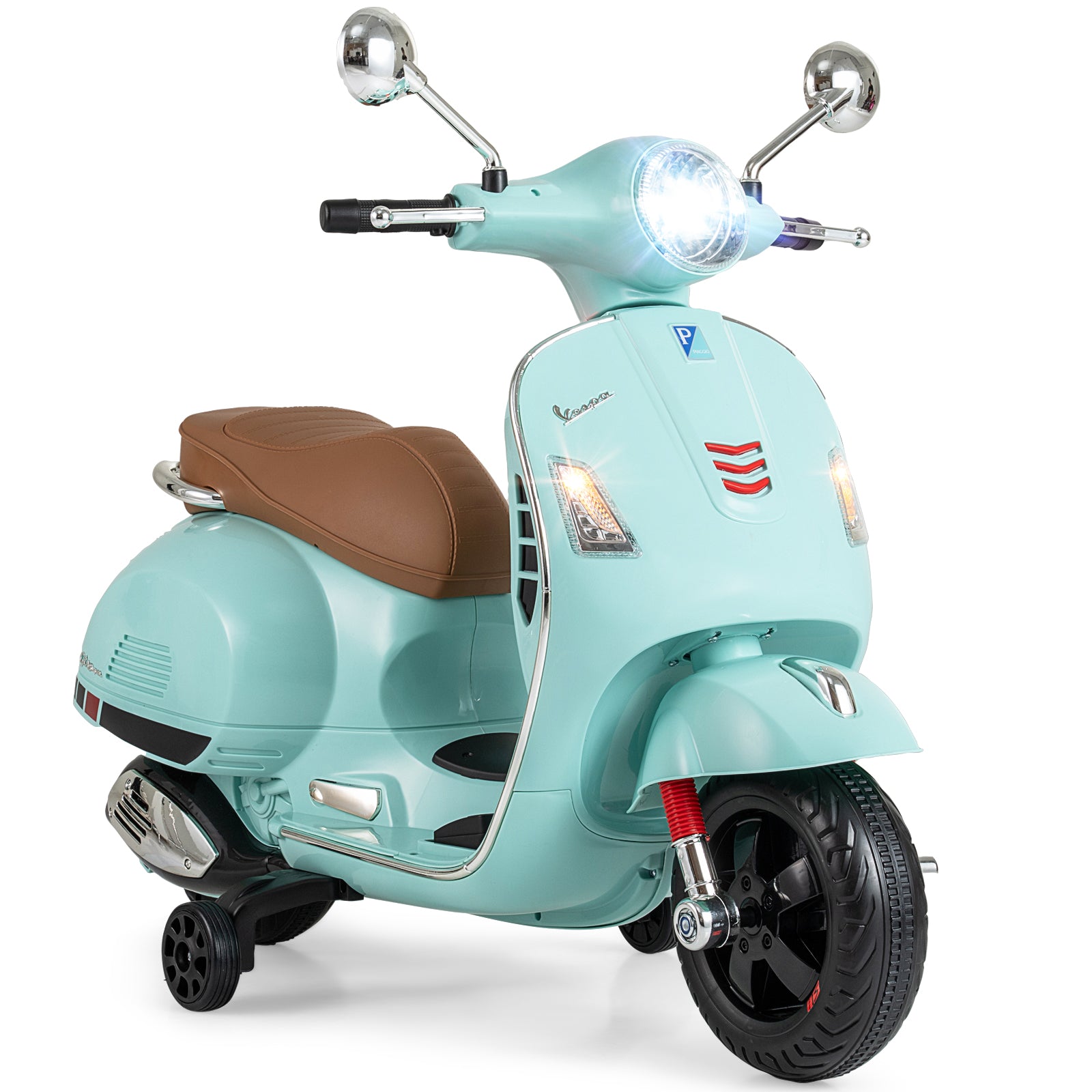 12V Kids Electric Motorcycle Licensed VESPA with Music and Training Wheels-Green