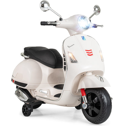 12V Kids Electric Motorcycle Licensed VESPA with Music and Training Wheels-White