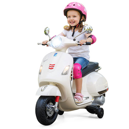 12V Kids Electric Motorcycle Licensed VESPA with Music and Training Wheels-White
