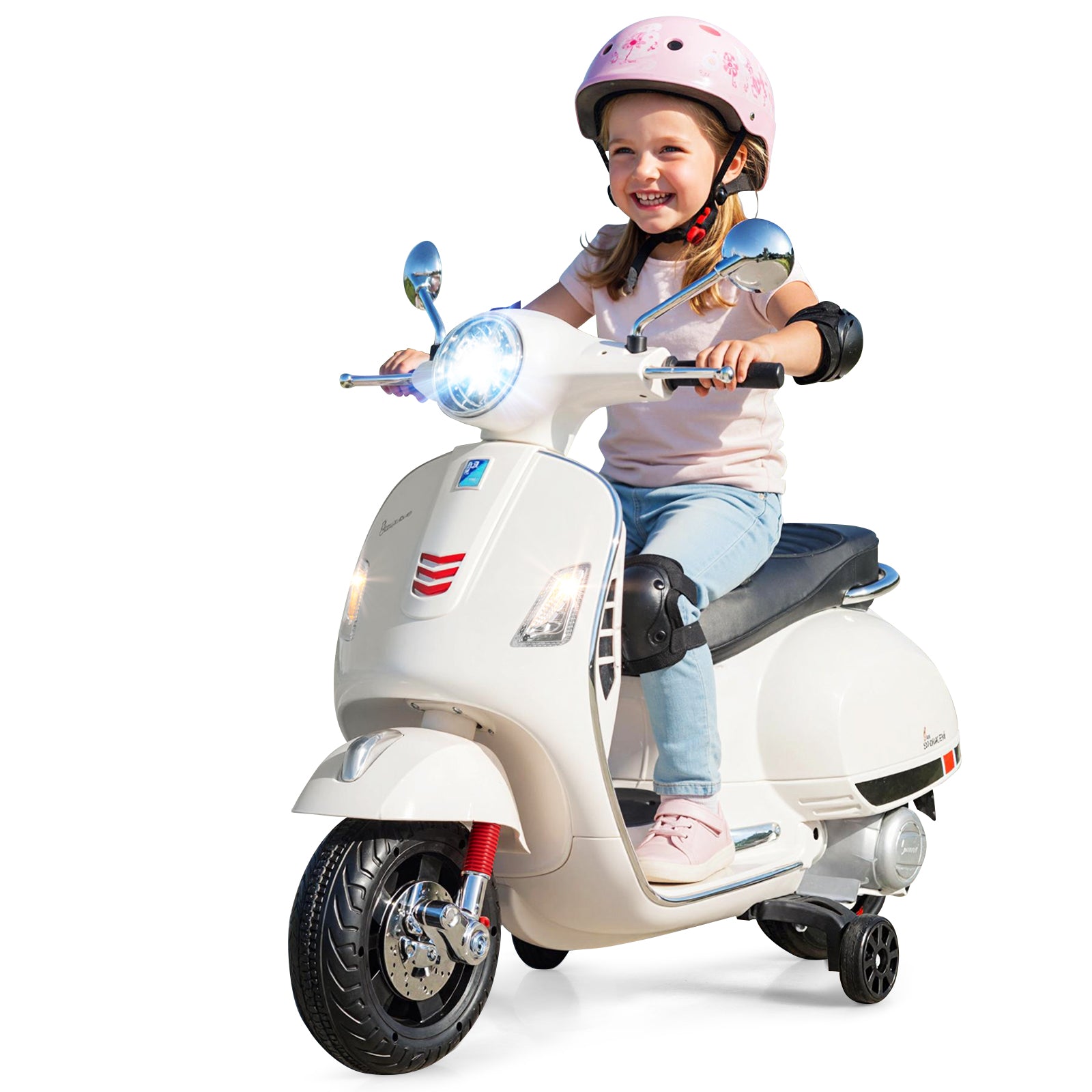 12V Kids Electric Motorcycle Licensed VESPA with Music and Training Wheels-White