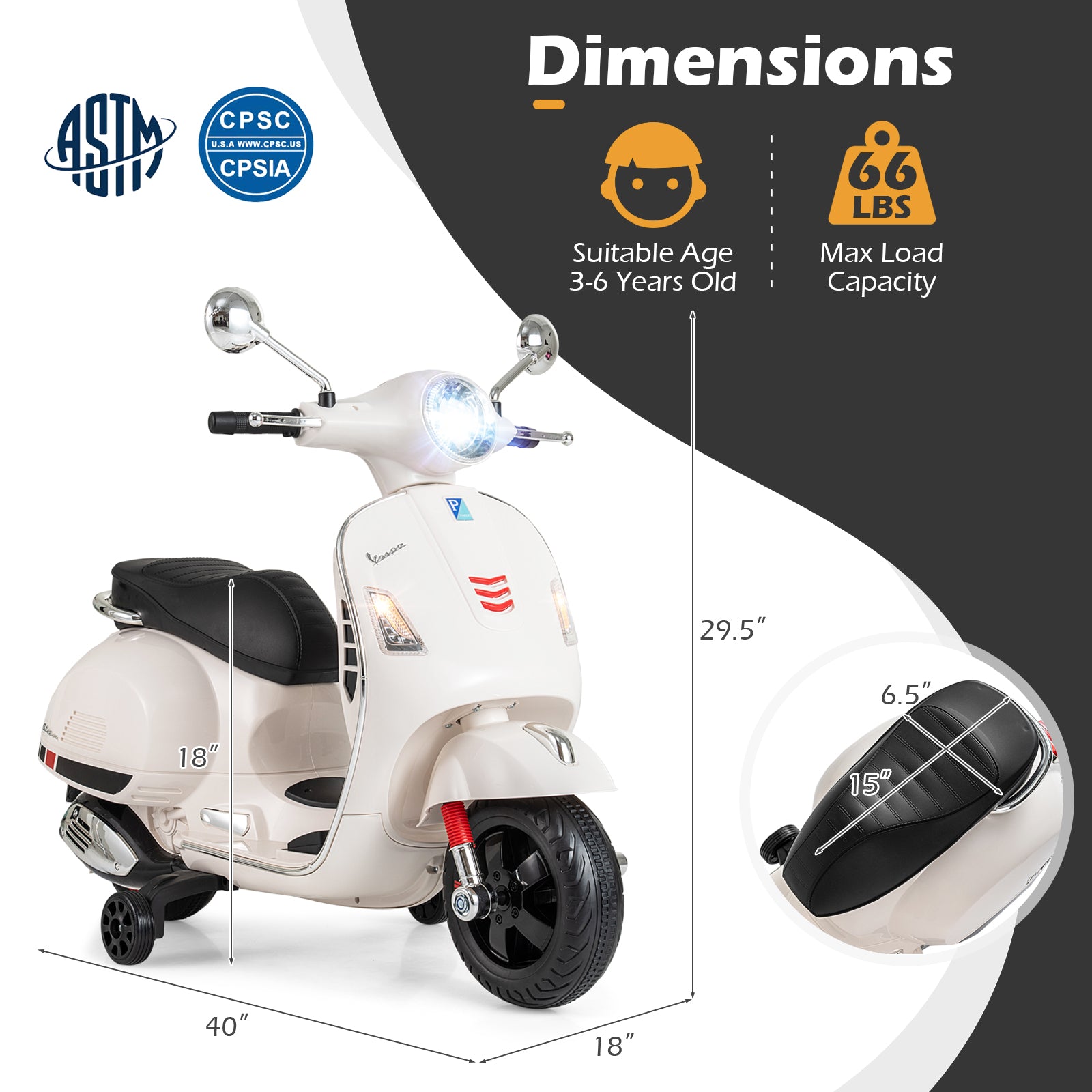 12V Kids Electric Motorcycle Licensed VESPA with Music and Training Wheels-White