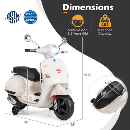 12V Kids Electric Motorcycle Licensed VESPA with Music and Training Wheels-White