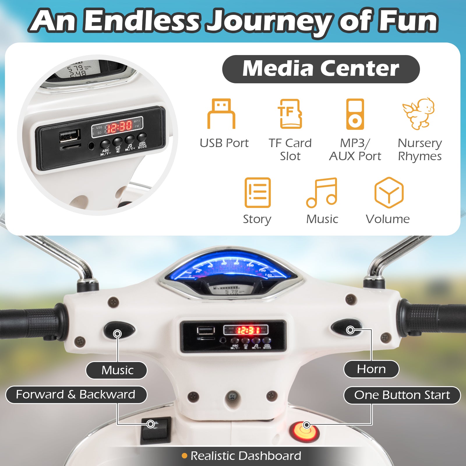 12V Kids Electric Motorcycle Licensed VESPA with Music and Training Wheels-White